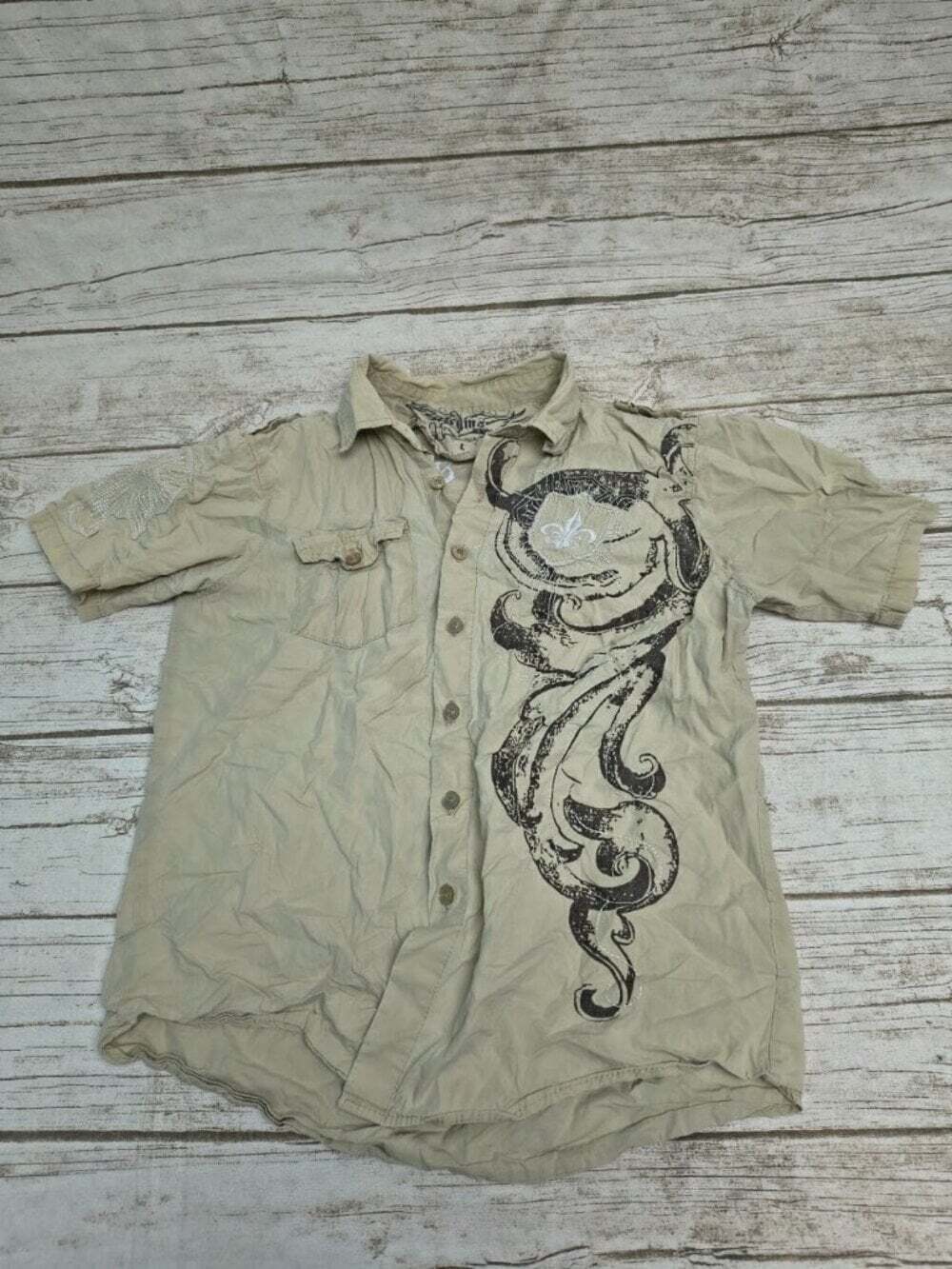 Chams Y2K Tan Button Up Rebel Army Shirt Men Size Large